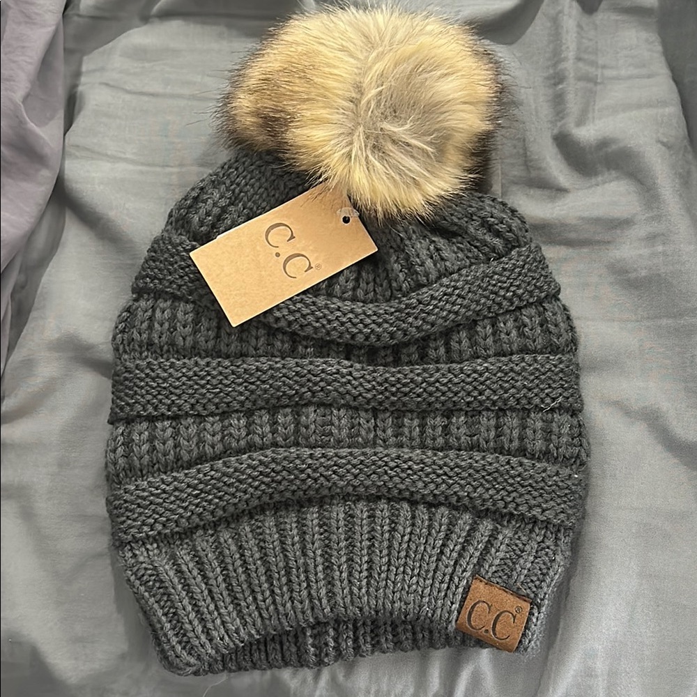 C.C Gray and Tan Knit Beanie with Faux Fur Pom